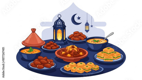 Ramadan Iftar food spread with dates sweets and traditional dishes featuring Islamic lanterns and crescent moon perfect for holiday celebrations and cultural events