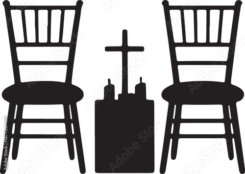 Ceremony scene silhouette featuring two elegant chairs and cross memorial on pedestal stand art