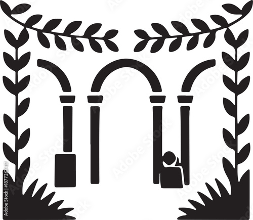 Classical architectural arches with a figure beneath surrounded by decorative leaf frames