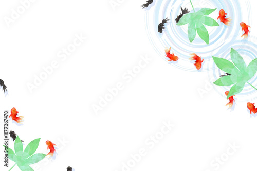 Top view of goldfish swimming with water ripples, minimal Japanese style illustratio