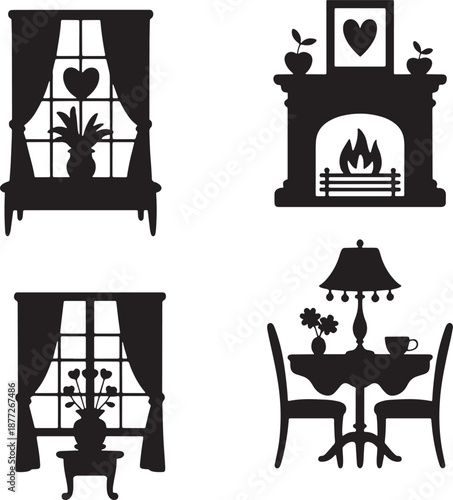Cozy interior scene silhouettes showing windows fireplace and dining set up