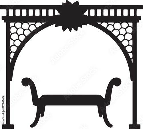 Garden gazebo silhouette with bench and arched trellis decorative outdoor structure vector icon