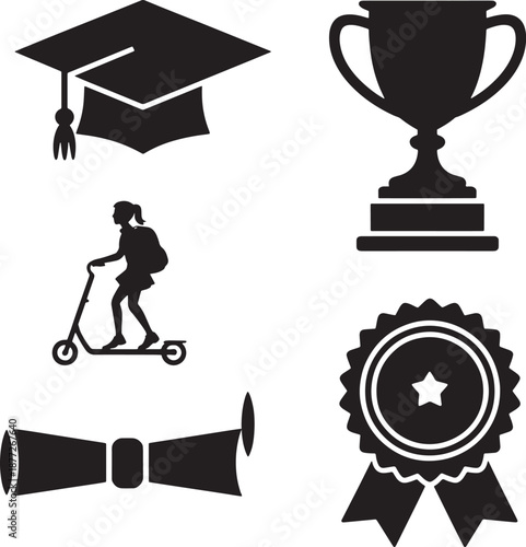 Graduation and education achievement icon set with trophy cap medal and student on a scooter