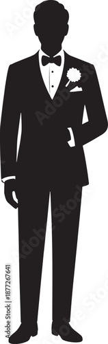 Groom silhouette in a stylish tuxedo with bow tie and boutonniere on a transparent background