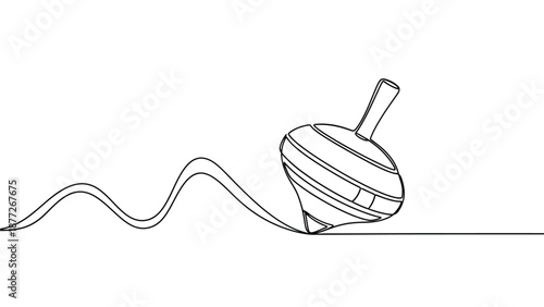 Single continuous line drawing of a spinning top toy in motion