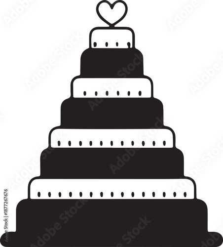 Large multi tier wedding cake silhouette with heart topper and decorative patterns illustration