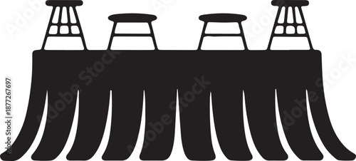 Long banquet table silhouette vector graphic icon with decorative cloth and bar stools