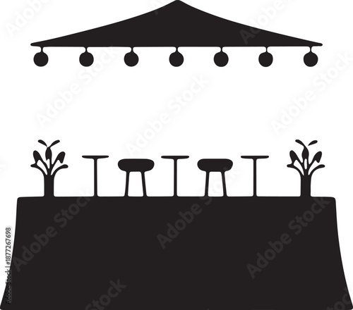 Long dining counter table setup with stools string lights and potted plants silhouette vector icon.