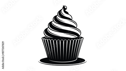 Classic black and white cupcake illustration with swirled frosting design
