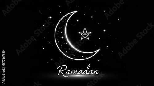 Crescent moon and star with Ramadan text glowing neon outline on a dark starry background Islamic holiday celebration concept