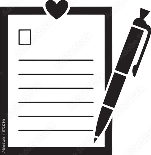 Registration form document on clipboard with heart symbol and pen vector silhouette black icon illustration.