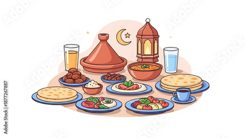 Ramadan Iftar meal spread with traditional food drinks and lantern flat vector illustration for Islamic holidays and cultural events