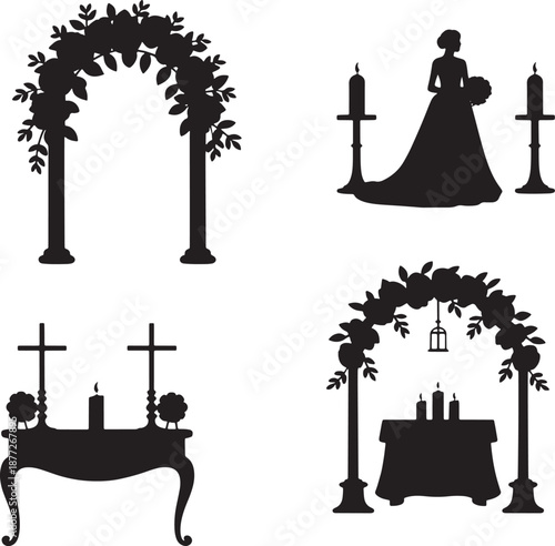 Set of wedding ceremony elements like arch bride and altar decorations icons