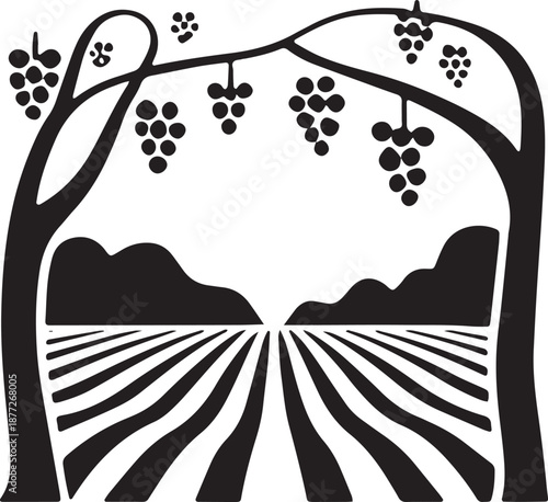 Vineyard landscape scene with grape vines and rolling hills for wine production label branding