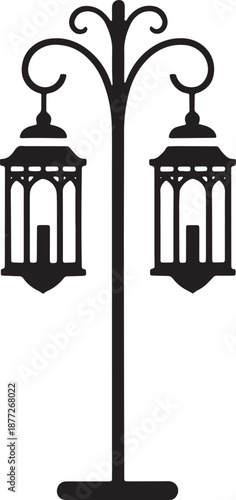 Vintage street lamp with two lanterns silhouette isolated on transparent background design