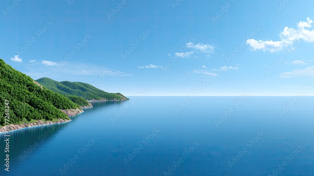 Obraz premium Tranquil Seascape with Verdant Hills and Clear Blue Sky Reflecting on Calm Waters in Serene Coastal Landscape