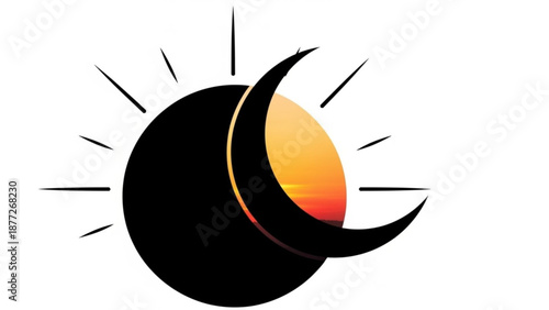 Solar eclipse icon crescent moon obscuring sun with rays representing celestial event and astronomy isolated on white background