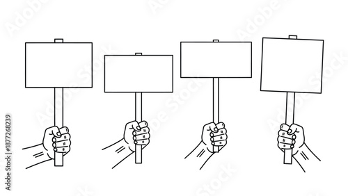 Four hands holding blank protest signs ready for demonstration messages