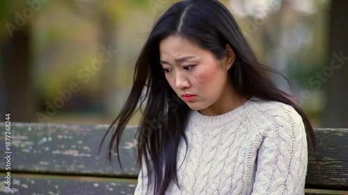 Pensive woman sits on a park bench, head bowed in contemplation, wearing a knitted sweater