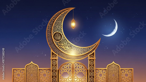 Ornate crescent moon gate with hanging lantern and starry night sky Islamic architectural design for Ramadan and Eid celebrations festive background