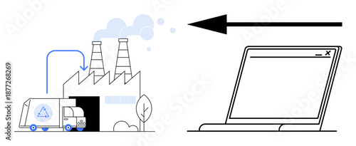 Recycling process visualization. Shows a factory, recycling truck, and laptop industrial recycling, technology integration, and sustainability. For environmental, tech solutions, and industry