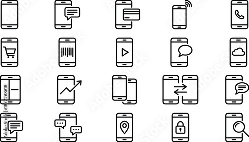 Set of smartphone icons, mobile technology symbols, app interface elements, digital payment, cloud storage, messaging, data security, and communication vector (21 words)