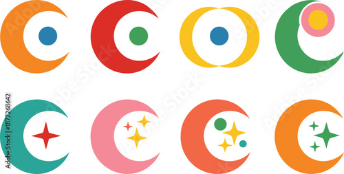 Colorful crescent moon icon set vector illustration abstract celestial symbols for night sky fantasy and app design