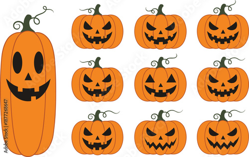 Halloween pumpkin faces set vector illustration spooky jack o lantern characters for festive decoration design
