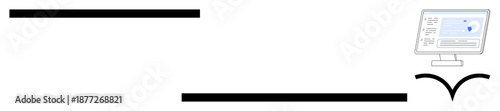 Workflow, analytics, process management, digital connections, data visualization, system integration. A computer monitor displays analytics with bold lines and arrows. Workflow and data visualization