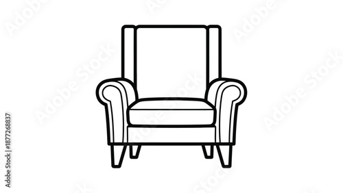 Simple black and white outline drawing of a comfortable wingback armchair