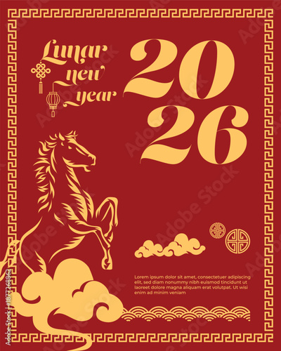 Lunar New Year 2026 Year of the Horse vector template with traditional Chinese style