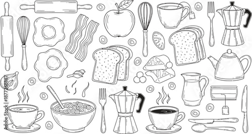Delicious breakfast ingredients and kitchen tools illustration