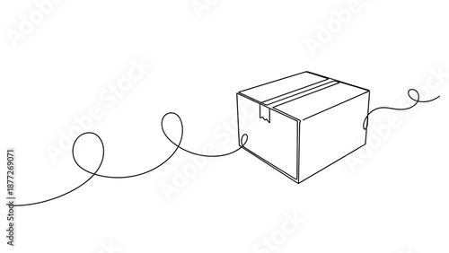 Continuous line drawing shows a closed delivery package with a long trailing cord
