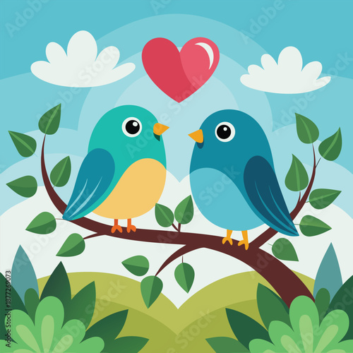 Beautiful bird couple perched on a branch with heart shapes, artistic vector illustration for love, romance, and wedding themes