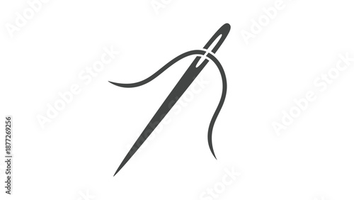Simple icon design of a sewing needle with thread moving through eye