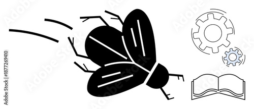 Software bugs, innovation, troubleshooting, coding, education, learning process. Silhouette of fly accompanied by gears and book icons. Software bugs and innovation