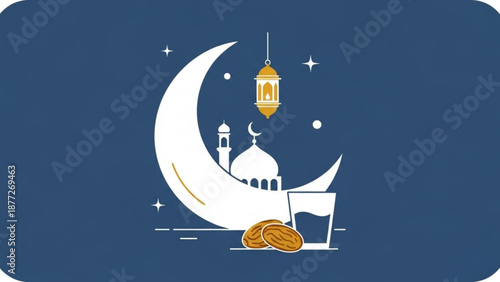 Ramadan Kareem crescent moon with mosque lantern and dates vector illustration for Islamic holidays and celebrations isolated on blue background