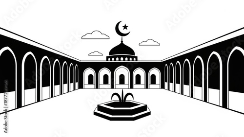 Islamic mosque courtyard with arches and fountain minimalist vector illustration for religious and cultural themes isolated on white background