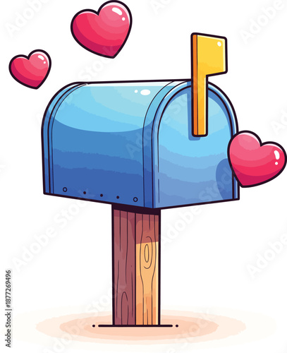 Cartoon blue mailbox on a wooden post with a yellow flag up surrounded by floating pink hearts.