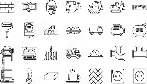 Vector line icon set for construction, heavy industry, building materials, tools, machinery, and engineering, including excavator, pipes, and drill symbols.