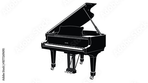 Black and white graphic illustration of a classic grand piano instrument