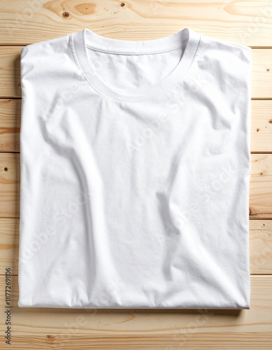 Clean White T shirt Laid Flat on Wooden Background