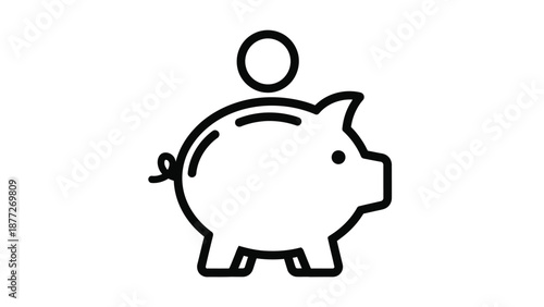 Simple black outline icon representing a piggy bank with a coin