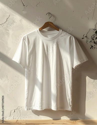 Plain White T shirt Hanging on a Wooden Hanger