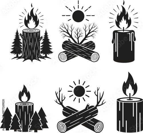 Campfire and candle flame icons in black