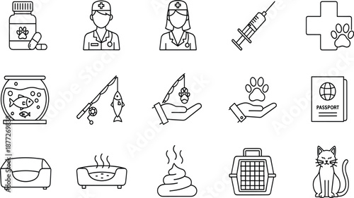 Vector line icon set for veterinary clinic and pet care, including doctor, medicine, syringe, carrier, and animal symbols.