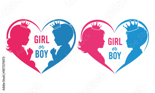 Gender reveal heart silhouette: girl or boy with crowns