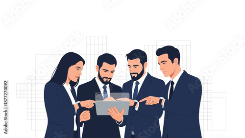 Business team collaborating on a digital tablet, modern office background