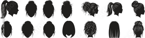 Various hairstyles in black silhouette profiles