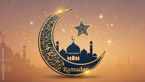 Ramadan crescent moon with mosque silhouette and star Islamic calligraphy festive background for religious holiday celebration golden hour